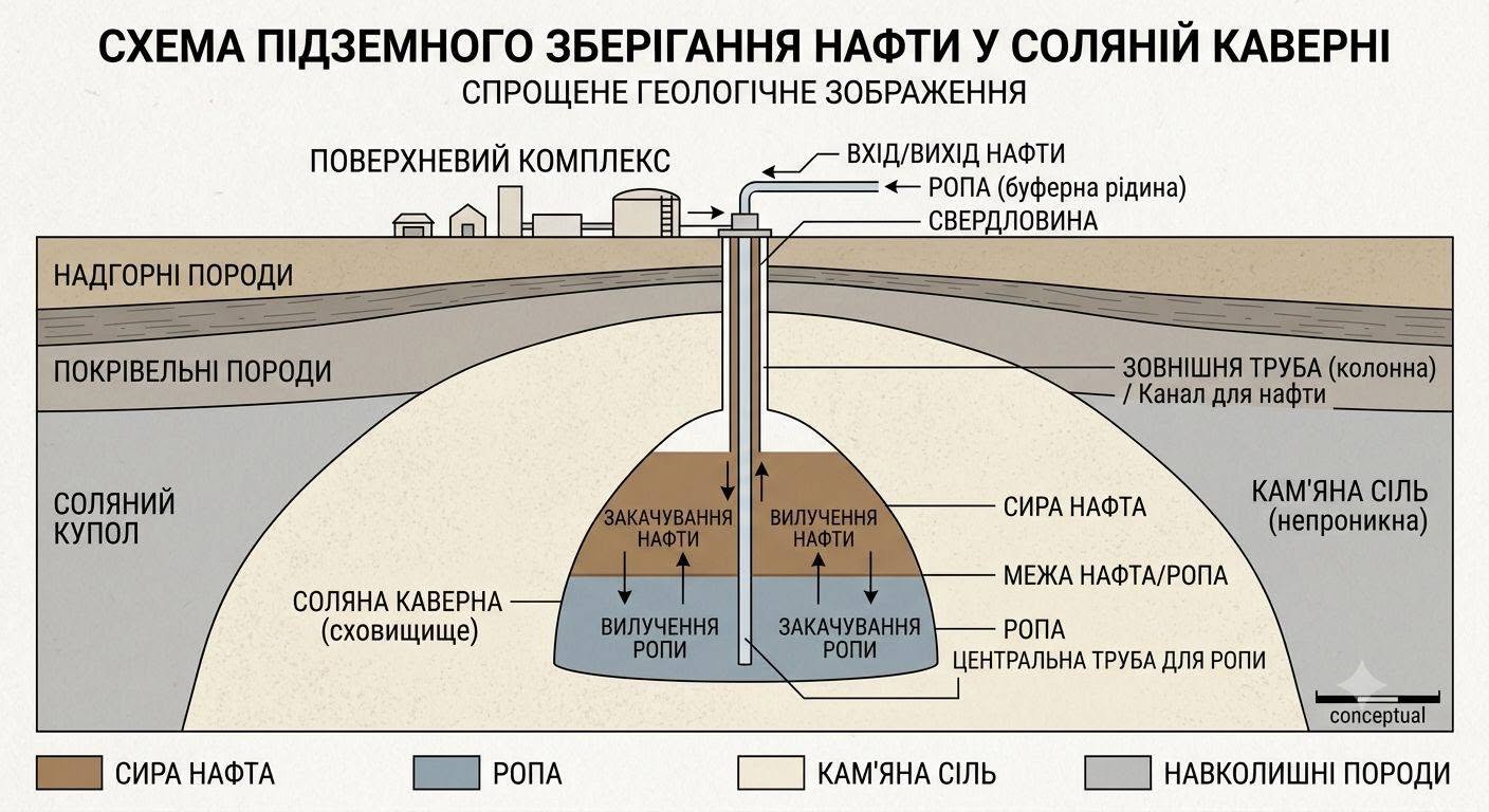 Схема підземного зберігання нафти у соляній каверні